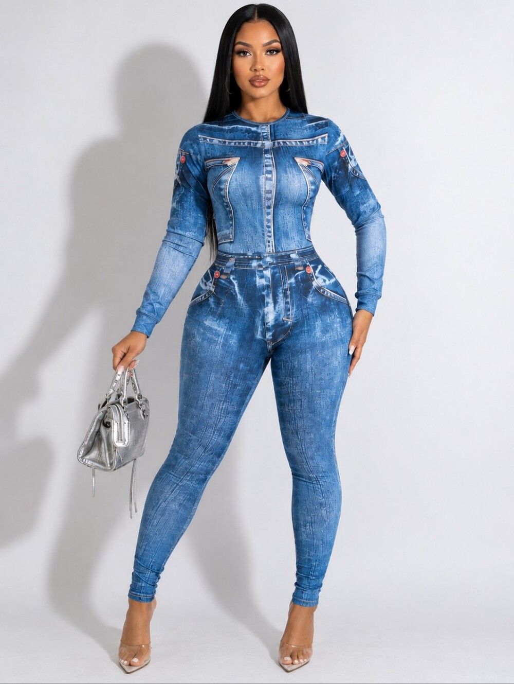 BLUE DENIM  PRINT BODYSUIT LEGGINGS  TWO PIECE SET
